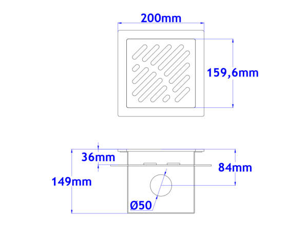 Talni sifon komplet s čelno ploščo debeline 5mm s PERFORIRANIM VZORCEM (AVTOPOVOZNO) in prirobnico za hidroizolacijo 200x200x152mm INOX Ø50mm horizontalno