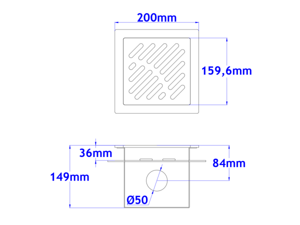 Podni sifon komplet s PERFORIRANIM UZORKOM s prirubnicom za hidroizolaciju 200x200x149mm INOKS Ø50mm vodoravno