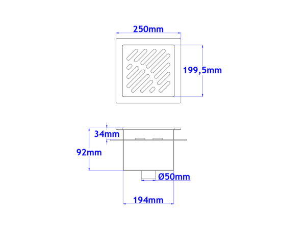 Podni sifon komplet s PERFORIRANIM UZORKOM s prirubnicom za hidroizolaciju 250x250x92mm INOKS Ø50mm okomito