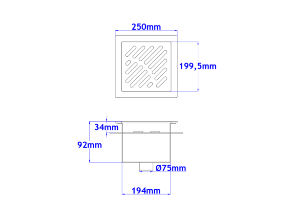 Talni sifon komplet s čelno ploščo debeline 5mm s PERFORIRANIM VZORCEM (AVTOPOVOZNO) in prirobnico za hidroizolacijo 250x250x92mm INOX Ø75mm vertikalno