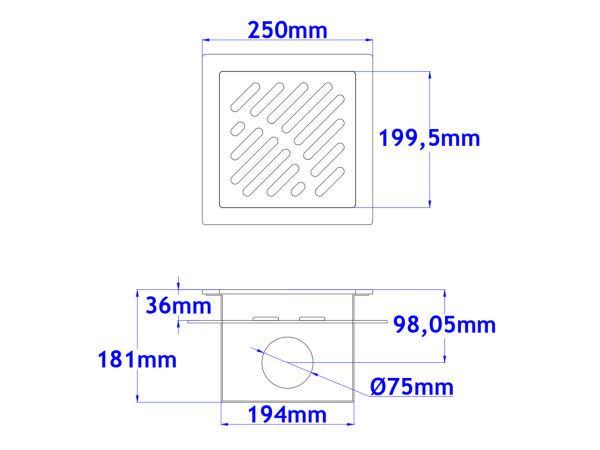 Talni sifon komplet s čelno ploščo debeline 5mm s PERFORIRANIM VZORCEM (AVTOPOVOZNO) in prirobnico za hidroizolacijo 250x250x181mm INOX Ø75mm horizontalno