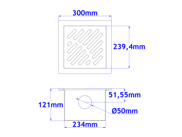 Podni sifon komplet s PERFORIRANIM UZORKOM 300x300x121mm INOKS Ø50mm vodoravno