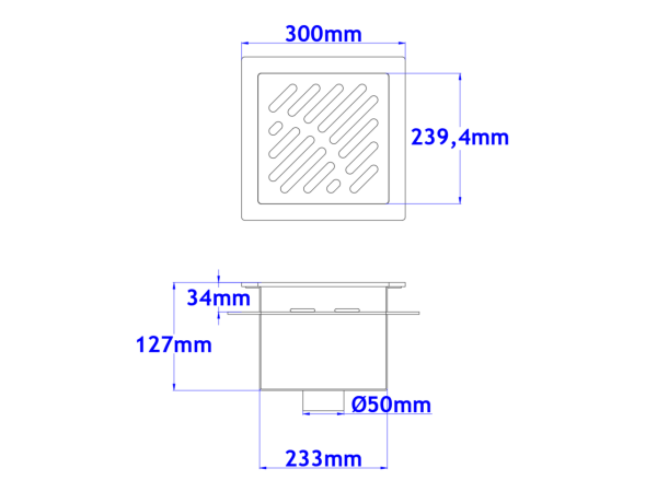 Talni sifon komplet s čelno ploščo debeline 5mm s PERFORIRANIM VZORCEM (AVTOPOVOZNO) in prirobnico za hidroizolacijo 300x300x127mm INOX Ø50mm vertikalno