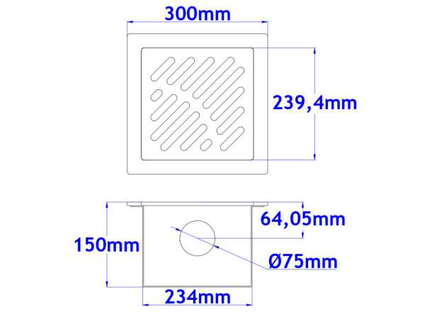 Talni sifon komplet s čelno ploščo debeline 5mm s PERFORIRANIM VZORCEM (AVTOPOVOZNO) 300x300x150mm INOX Ø75mm horizontalno